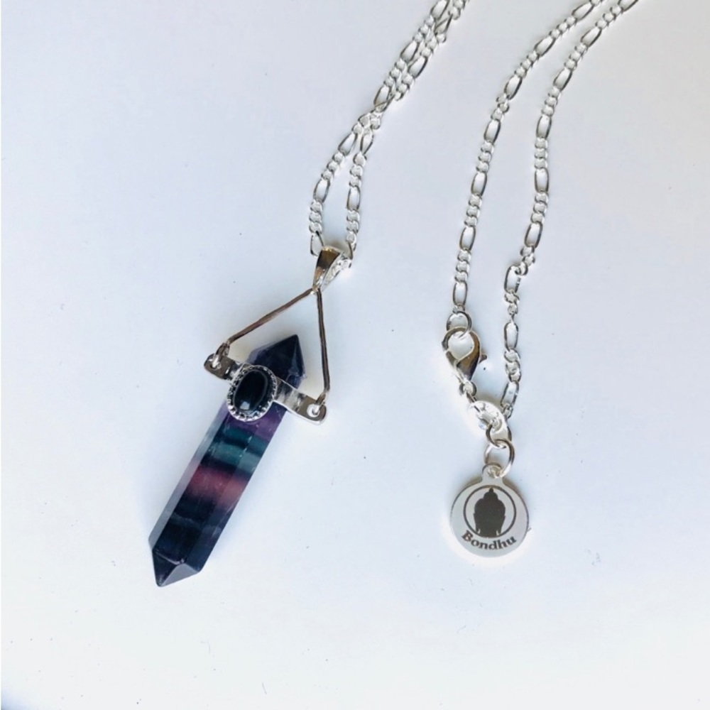 Rainbow Flourite Sterling Silver Necklace Purple Pink 20” - Picture 12 of 14